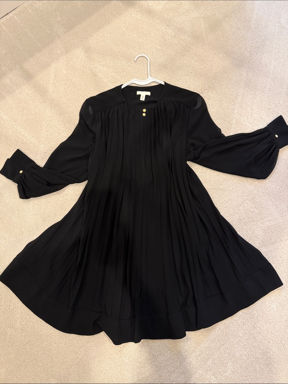 H&M Black Babydoll Pleated Long-Sleeve Dress with Gold Buttons